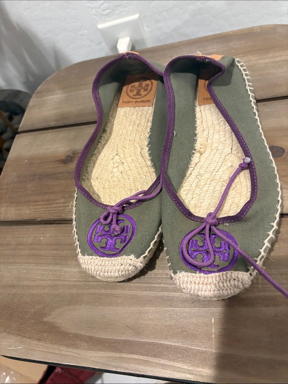 Tory Burch Olive Canvas Espadrille Flats with Purple Trim